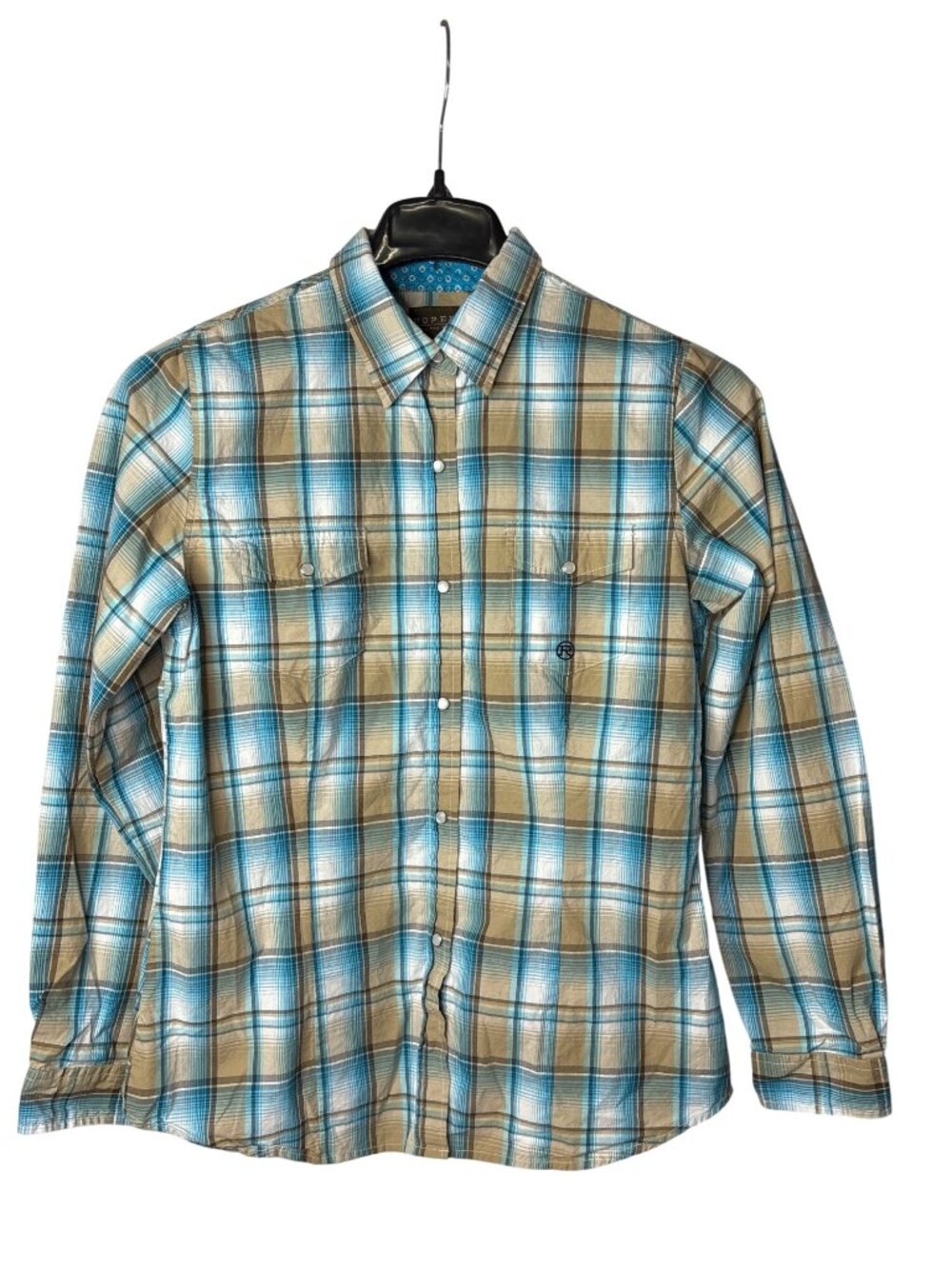 Roper Womens Pearl Snap Shirt Size M Plaid Blue Brown Tan White Cotton Y2K